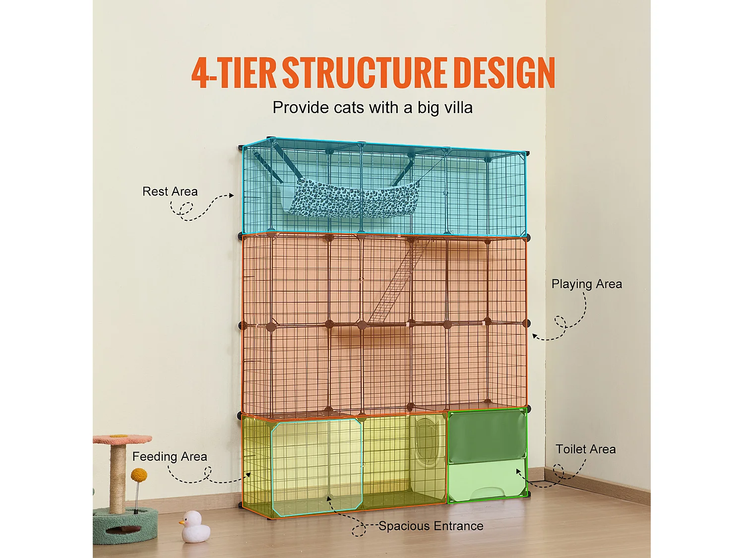 Cage pour Chat SucceBuy à 4 Niveaux de Grande Taille, 41 x 14 x 140 cm, fil Métallique avec Hamac
