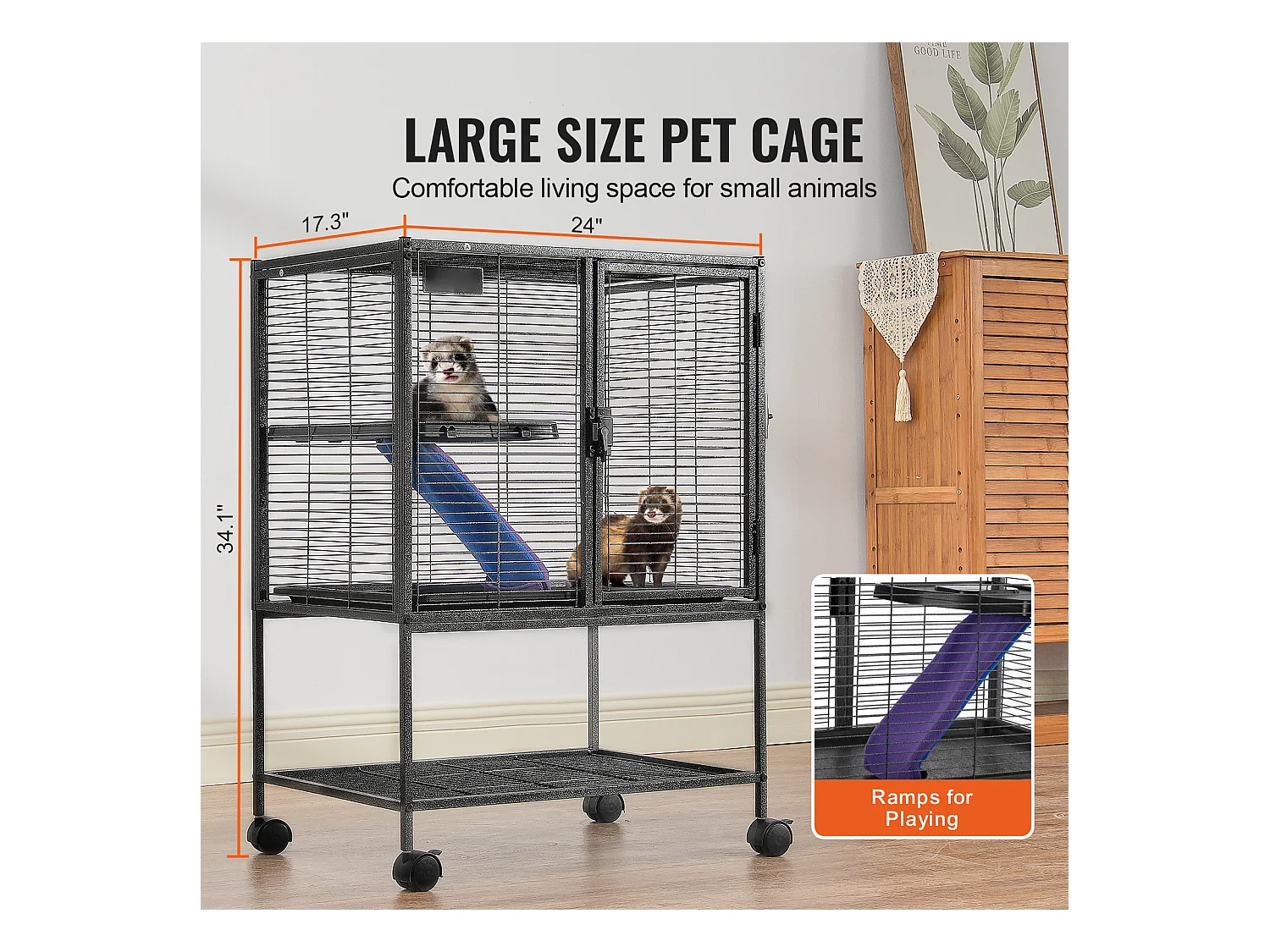 Cage Roulante pour Petits Animaux SucceBuy, 2 Niveaux Métal 86cm Plateau et Rampe