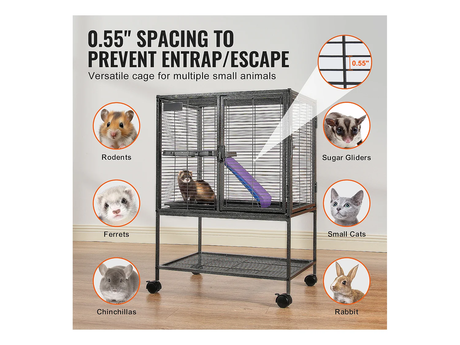 Cage Roulante pour Petits Animaux SucceBuy, 2 Niveaux Métal 86cm Plateau et Rampe