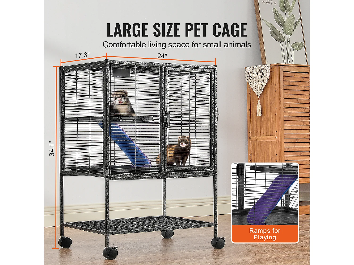 Cage Roulante pour Petits Animaux SucceBuy, 2 Niveaux Métal 86cm Plateau et Rampe