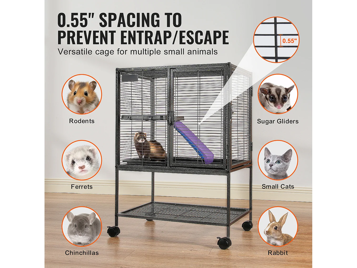 Cage Roulante pour Petits Animaux SucceBuy, 2 Niveaux Métal 86cm Plateau et Rampe