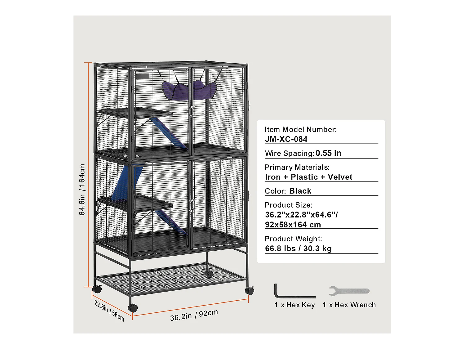 Cage Roulante pour Petits Animaux SucceBuy, 4 Niveaux Métal 164cm Plateau et Rampe