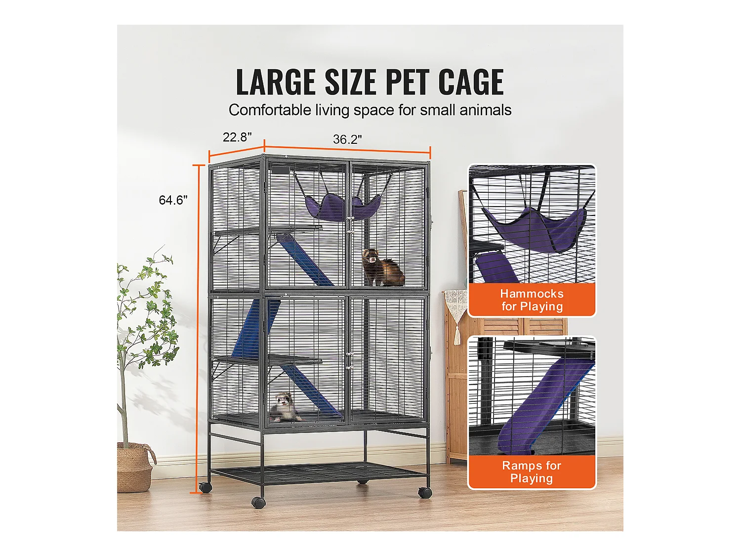 Cage Roulante pour Petits Animaux SucceBuy, 4 Niveaux Métal 164cm Plateau et Rampe