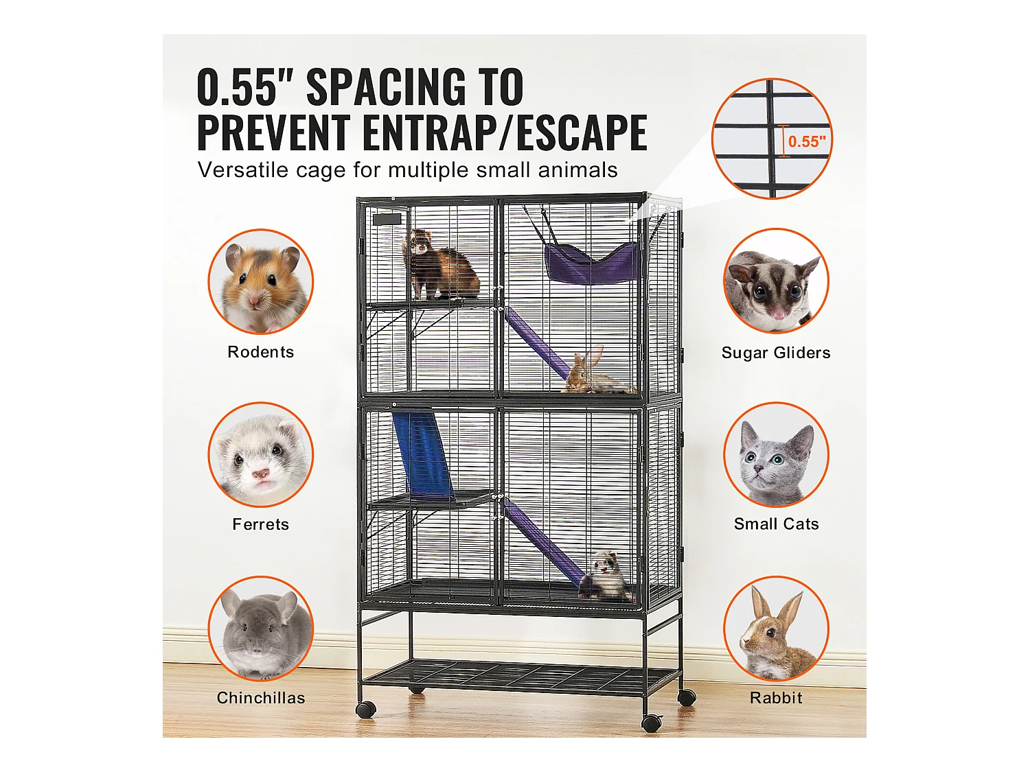 Cage Roulante pour Petits Animaux SucceBuy, 4 Niveaux Métal 164cm Plateau et Rampe