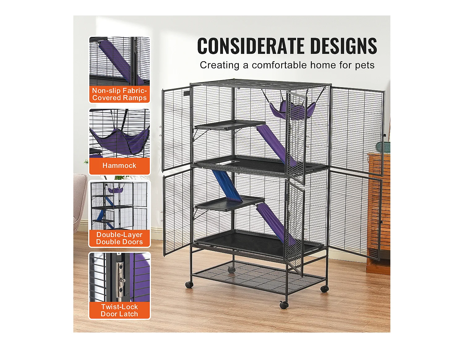 Cage Roulante pour Petits Animaux SucceBuy, 4 Niveaux Métal 164cm Plateau et Rampe