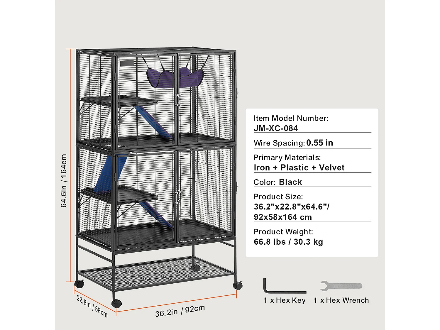Cage Roulante pour Petits Animaux SucceBuy, 4 Niveaux Métal 164cm Plateau et Rampe