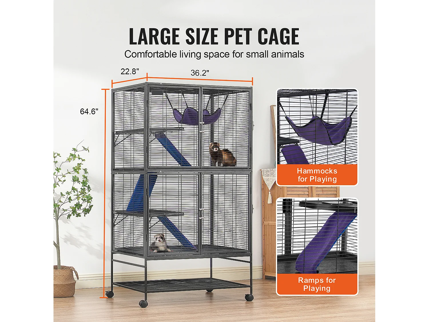 Cage Roulante pour Petits Animaux SucceBuy, 4 Niveaux Métal 164cm Plateau et Rampe
