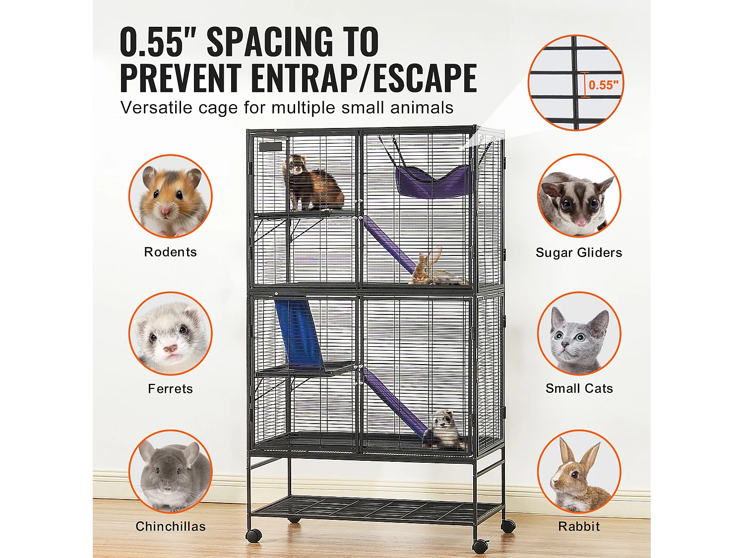 Cage Roulante pour Petits Animaux SucceBuy, 4 Niveaux Métal 164cm Plateau et Rampe