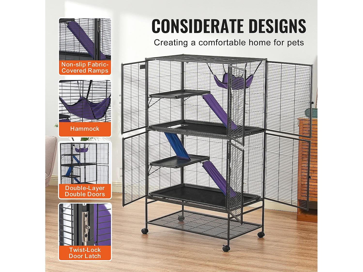 Cage Roulante pour Petits Animaux SucceBuy, 4 Niveaux Métal 164cm Plateau et Rampe