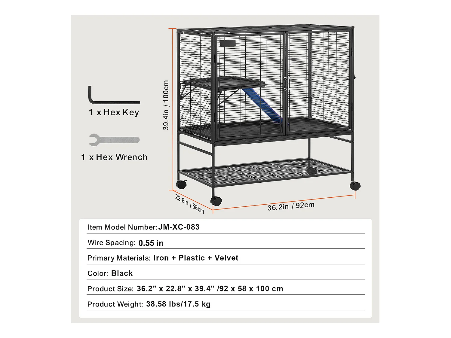 Cage Roulante pour Petits Animaux SucceBuy, 2 Niveaux Métal 99cm Plateau et Rampe