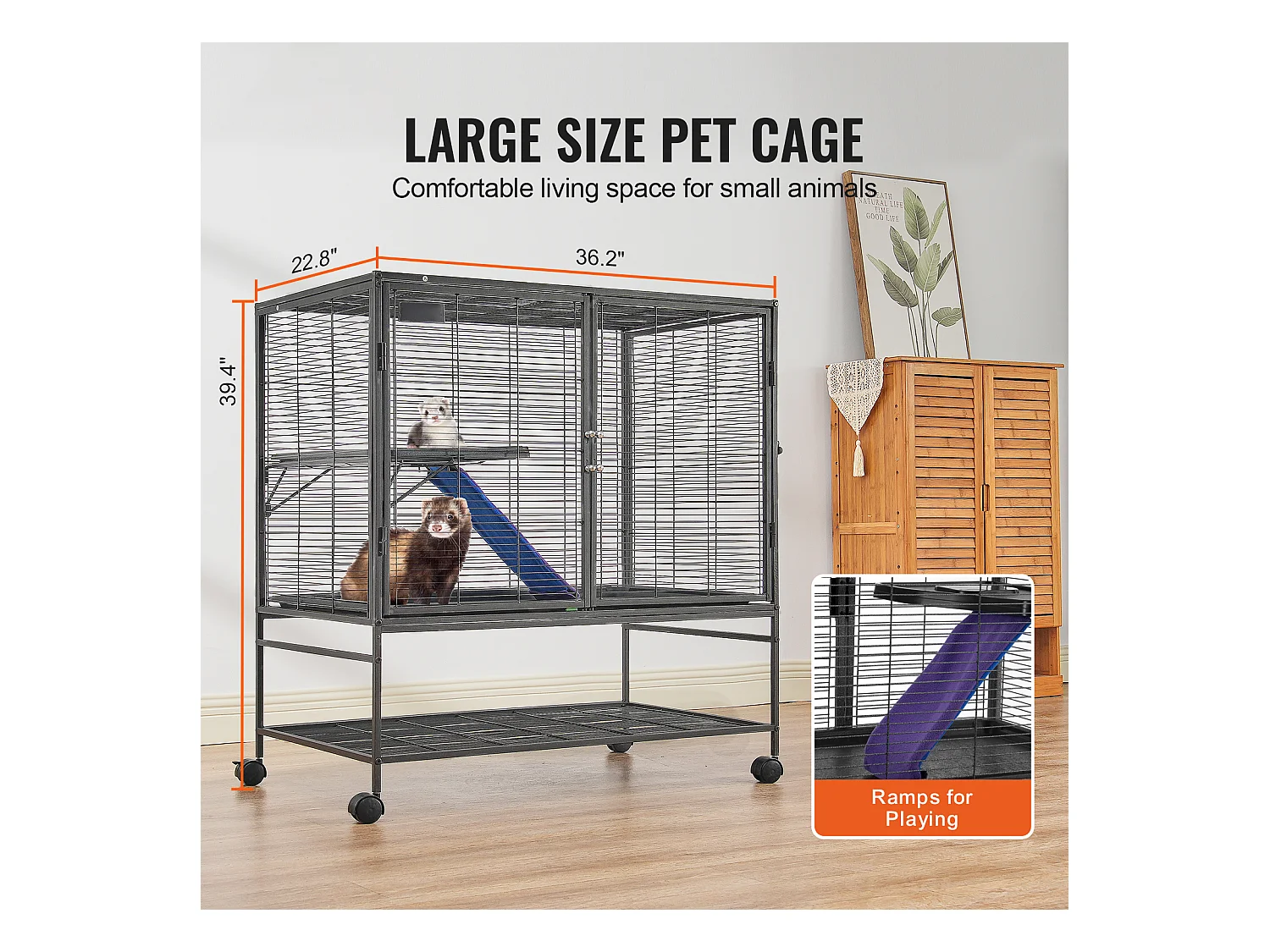 Cage Roulante pour Petits Animaux SucceBuy, 2 Niveaux Métal 99cm Plateau et Rampe