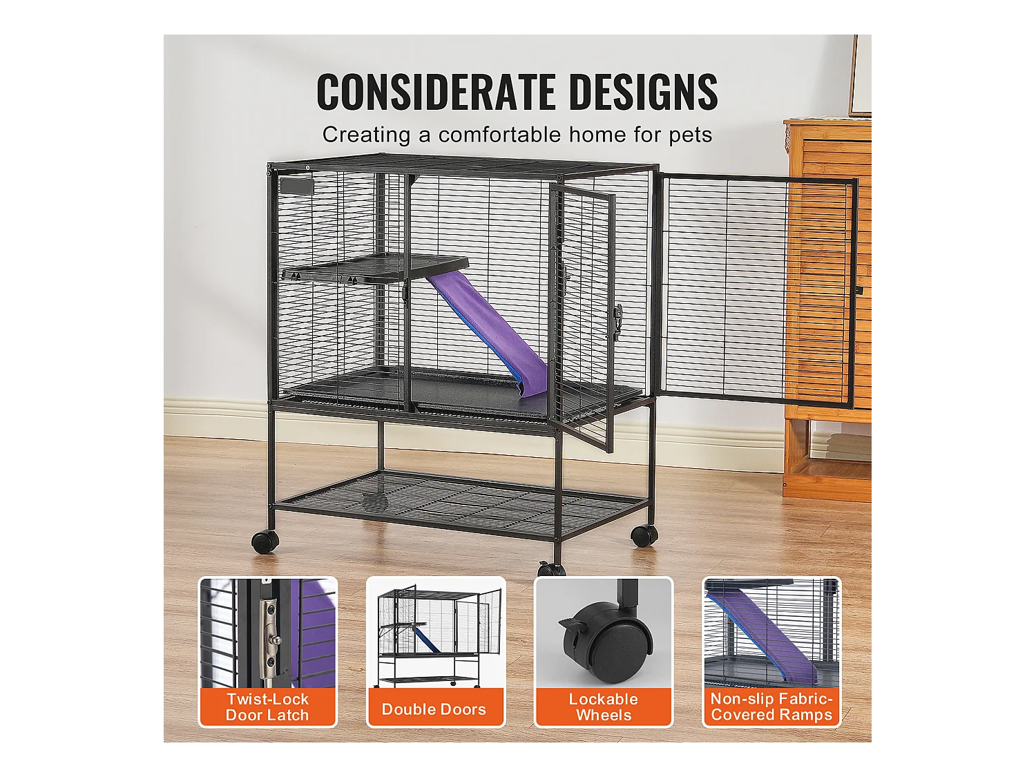 Cage Roulante pour Petits Animaux SucceBuy, 2 Niveaux Métal 99cm Plateau et Rampe