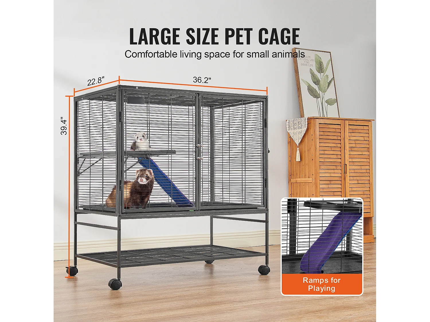 Cage Roulante pour Petits Animaux SucceBuy, 2 Niveaux Métal 99cm Plateau et Rampe