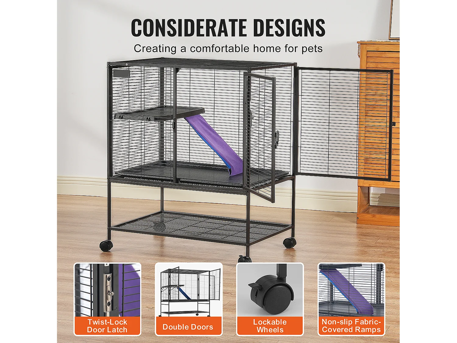 Cage Roulante pour Petits Animaux SucceBuy, 2 Niveaux Métal 99cm Plateau et Rampe