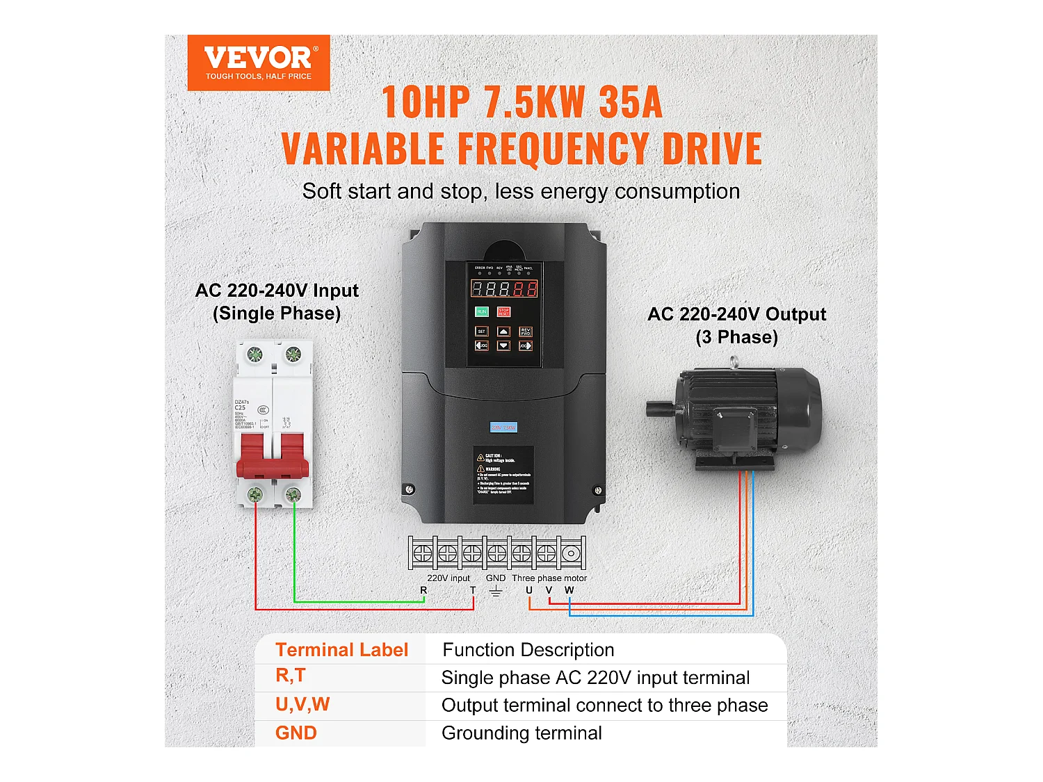 Variateur de Fréquence SucceBuy 10HP, 7,5KW, 35A 220V VFD, Entrée 1/3 Phase vers Sortie 3 Phases, 0-400Hz