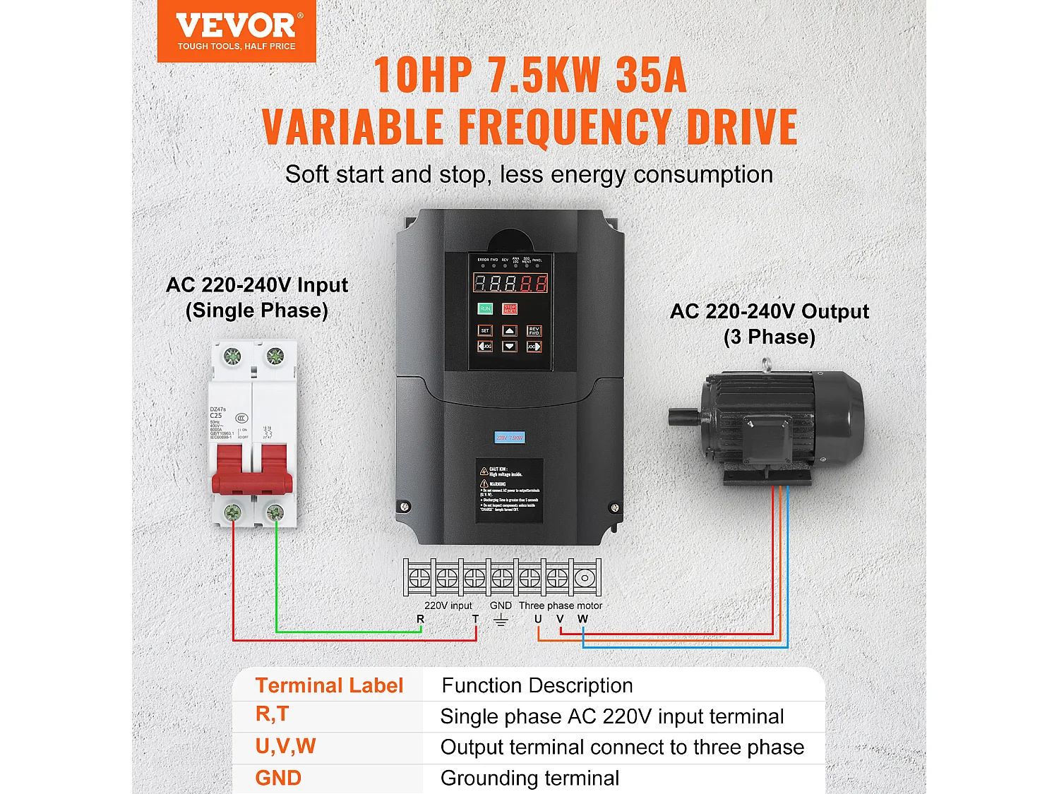 Variateur de Fréquence SucceBuy 10HP, 7,5KW, 35A 220V VFD, Entrée 1/3 Phase vers Sortie 3 Phases, 0-400Hz