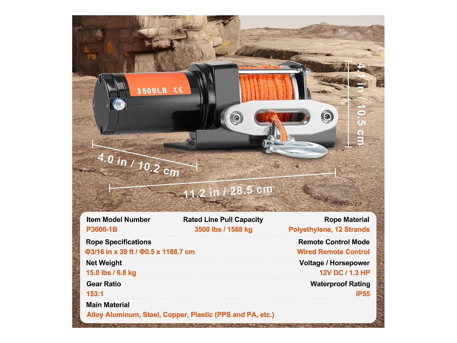 Elektrische Winde SucceBuy 1588 kg, ATV/UTV, Synthetisches Seil, Wasserdicht, Kabelgebundene Steuerung