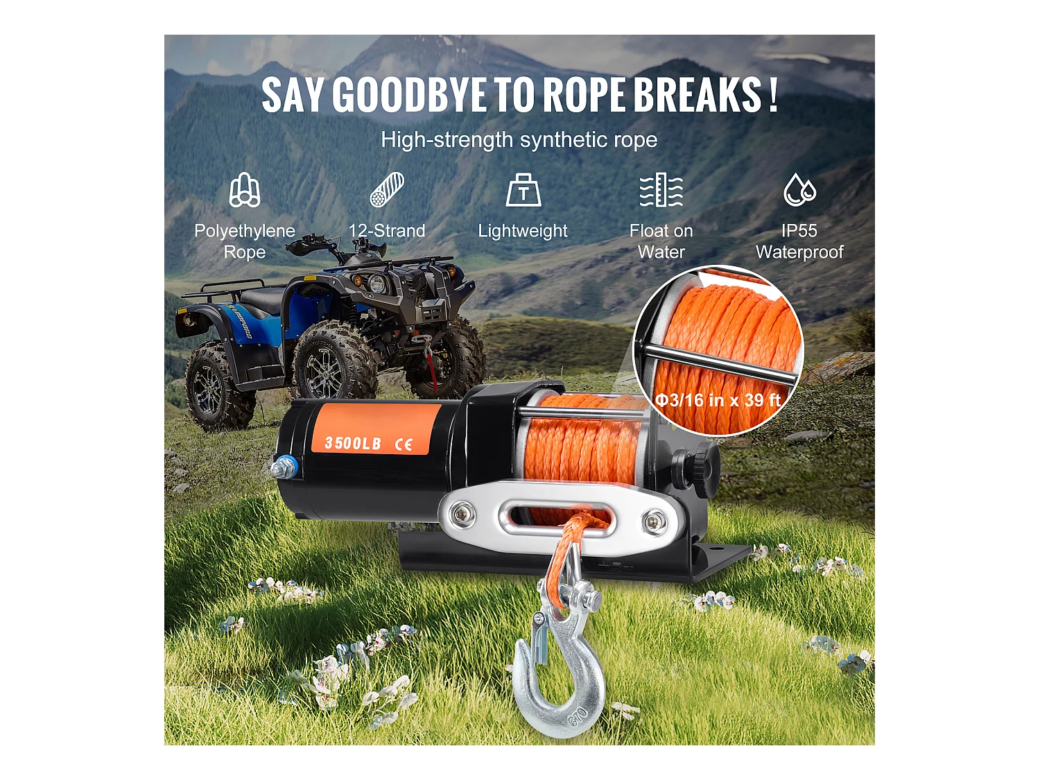 Elektrische Winde SucceBuy 1588 kg, ATV/UTV, Synthetisches Seil, Wasserdicht, Kabelgebundene Steuerung