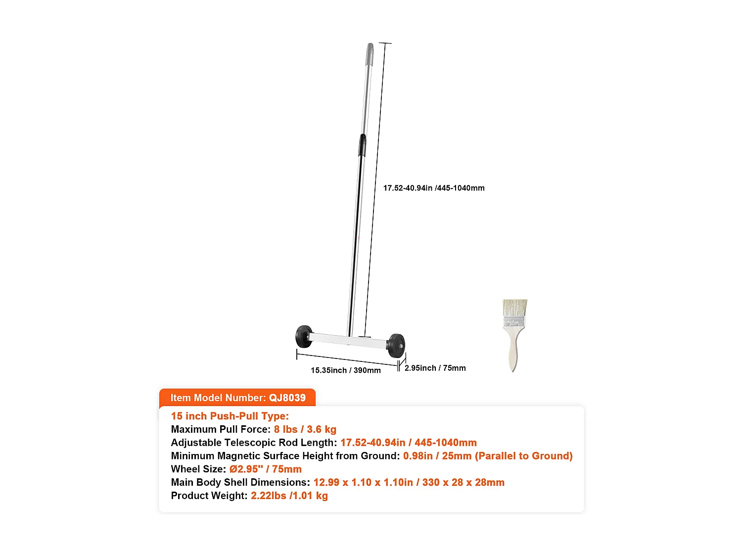 Balayeuse Magnétique, SucceBuy Balai Magnétique de 38 cm avec Roues, Capacité de 4 kg, Poignée Réglable