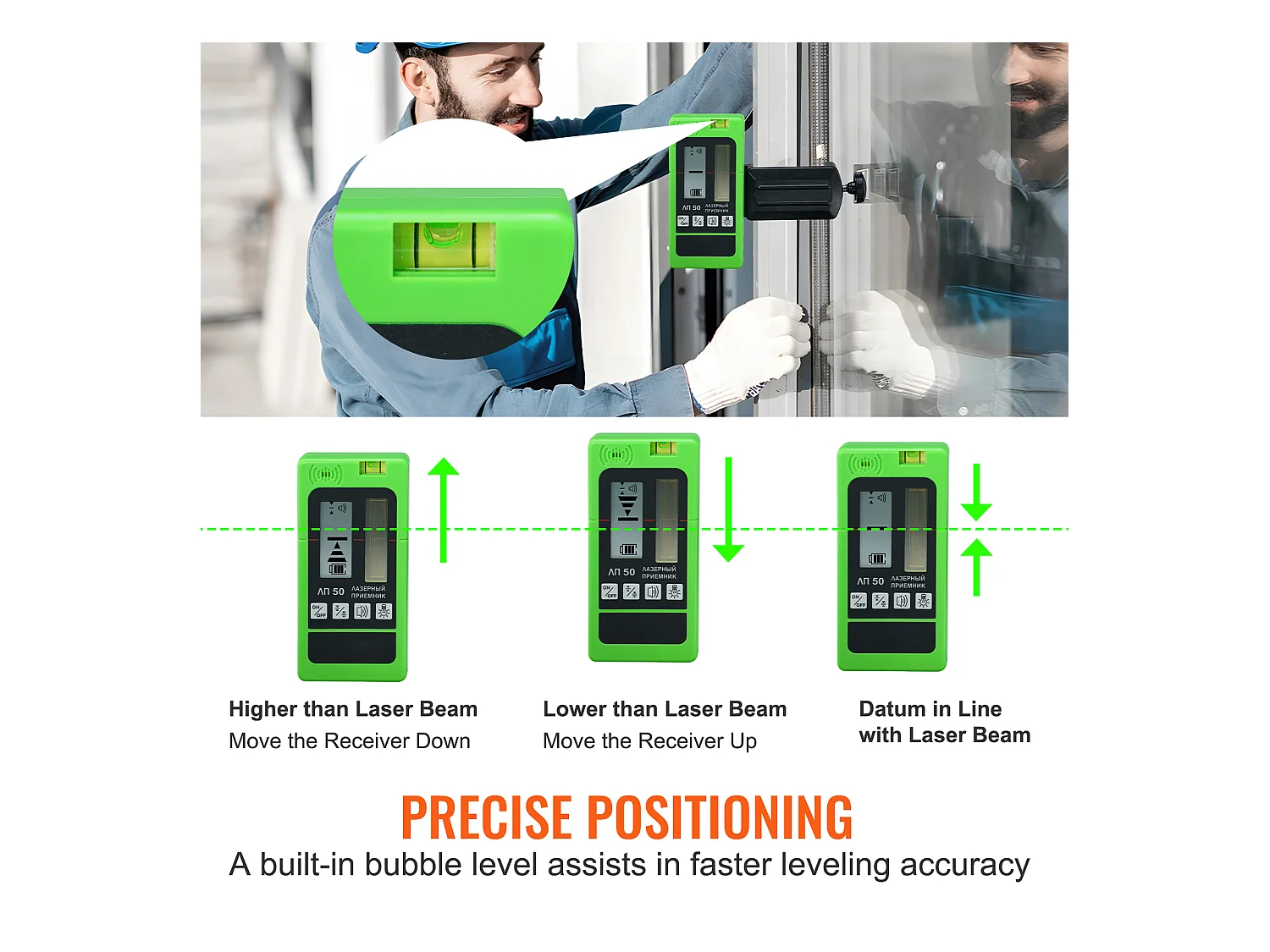 Récepteur Laser SucceBuy, Portée de 60,05 m, Pince Laser Verte et Rouge, Affichage Double LCD Niveau à Bulle Intégré