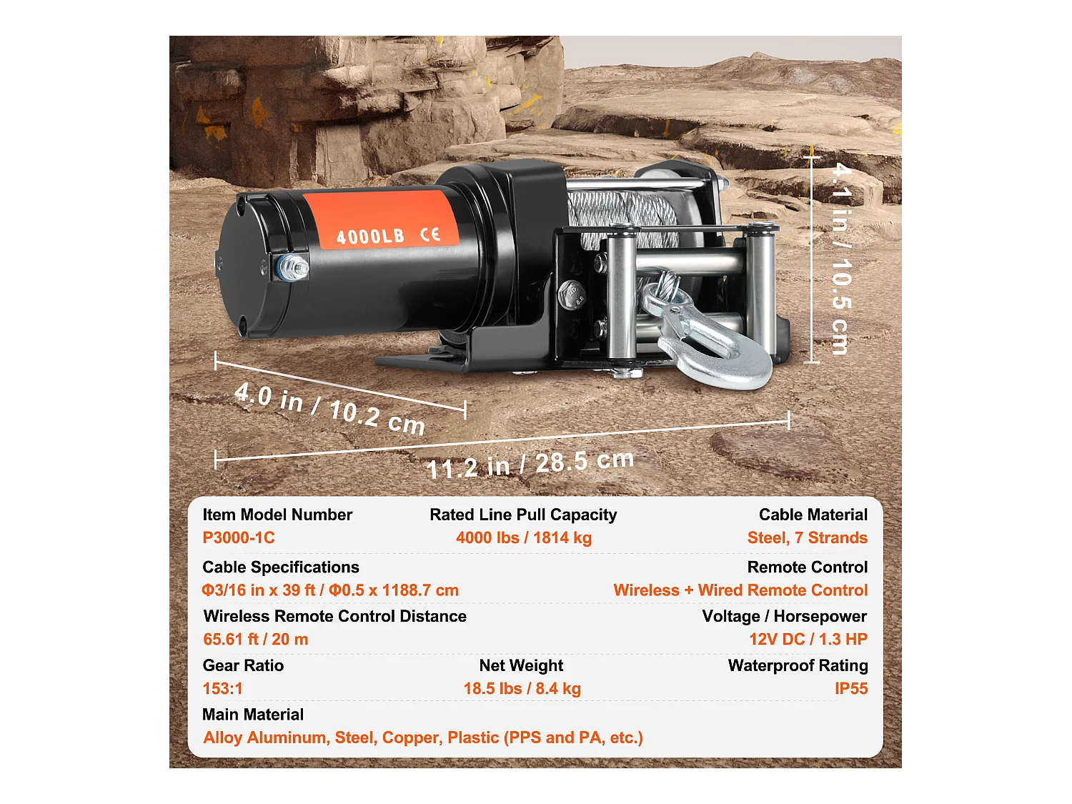 Treuil Électrique SucceBuy 1814 kg, 12 V CC, pour VTT/UTV, avec Câble en Acier à 7 Brins 0,5 x 1188,7 cm, Étanchéité IP55