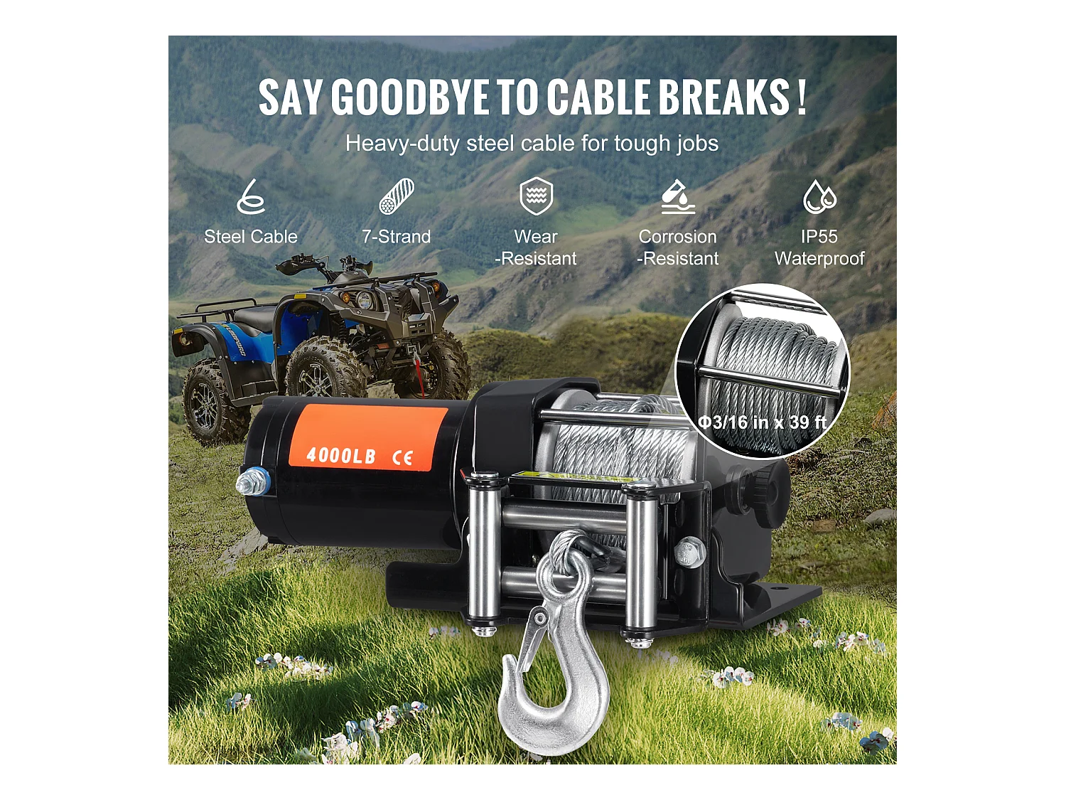 Treuil Électrique SucceBuy 1814 kg, 12 V CC, pour VTT/UTV, avec Câble en Acier à 7 Brins 0,5 x 1188,7 cm, Étanchéité IP55