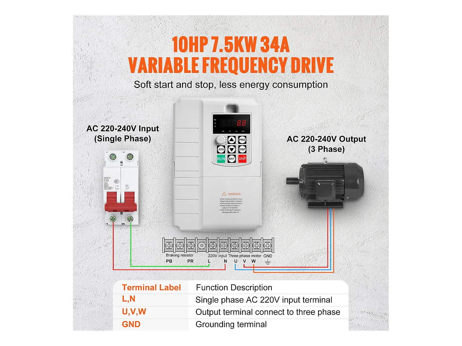 Variateur de Fréquence SucceBuy pour Contrôle de Vitesse de Moteur Triphasé VFD 7,5 kW 10 CV 34 A