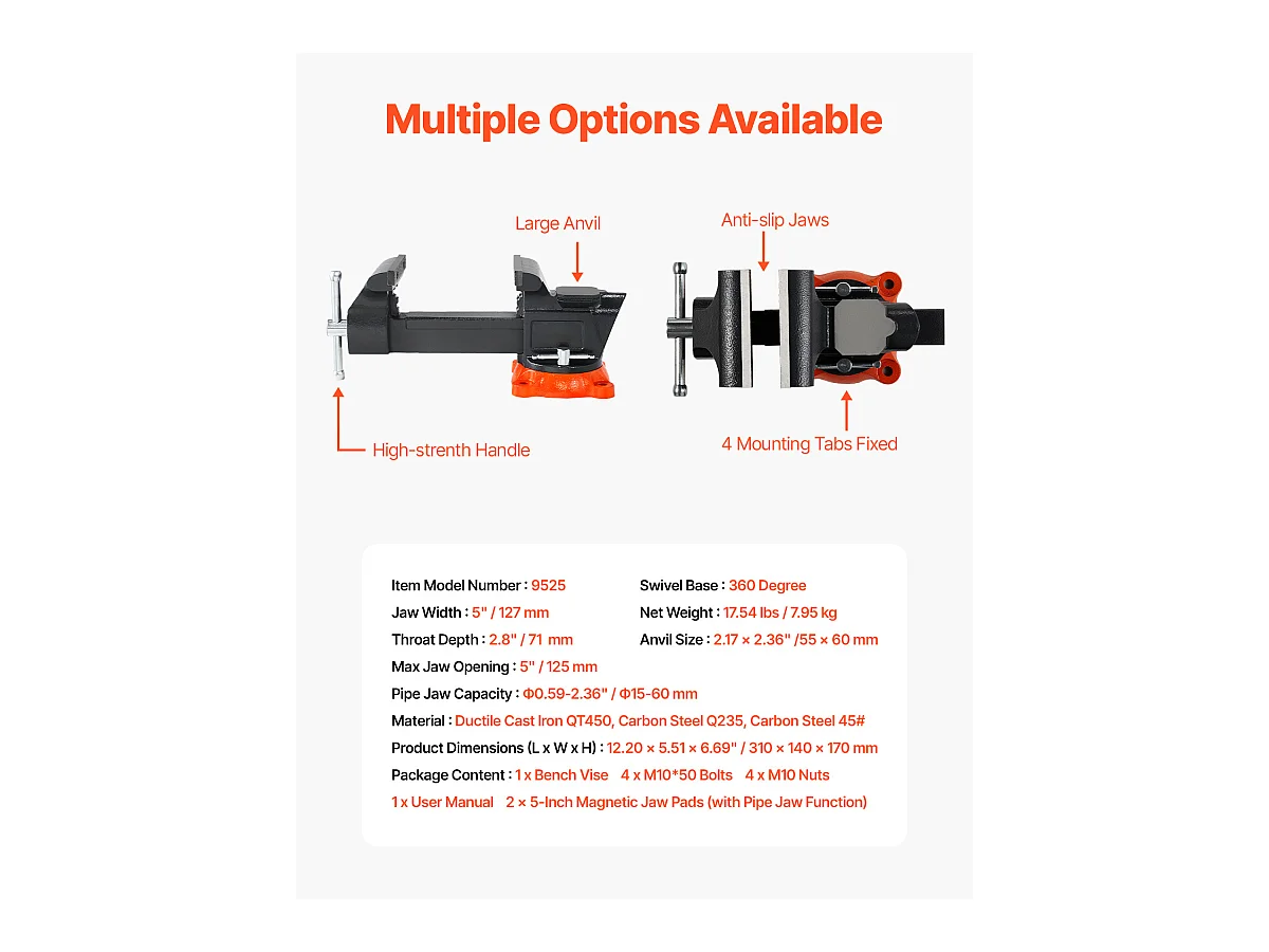 Étau d'Établi SucceBuy 12,7 cm, Étau Atelier Fonte Ductile, avec Base Pivotante Verrouillable, pour Serrage de Tuyaux Ronds