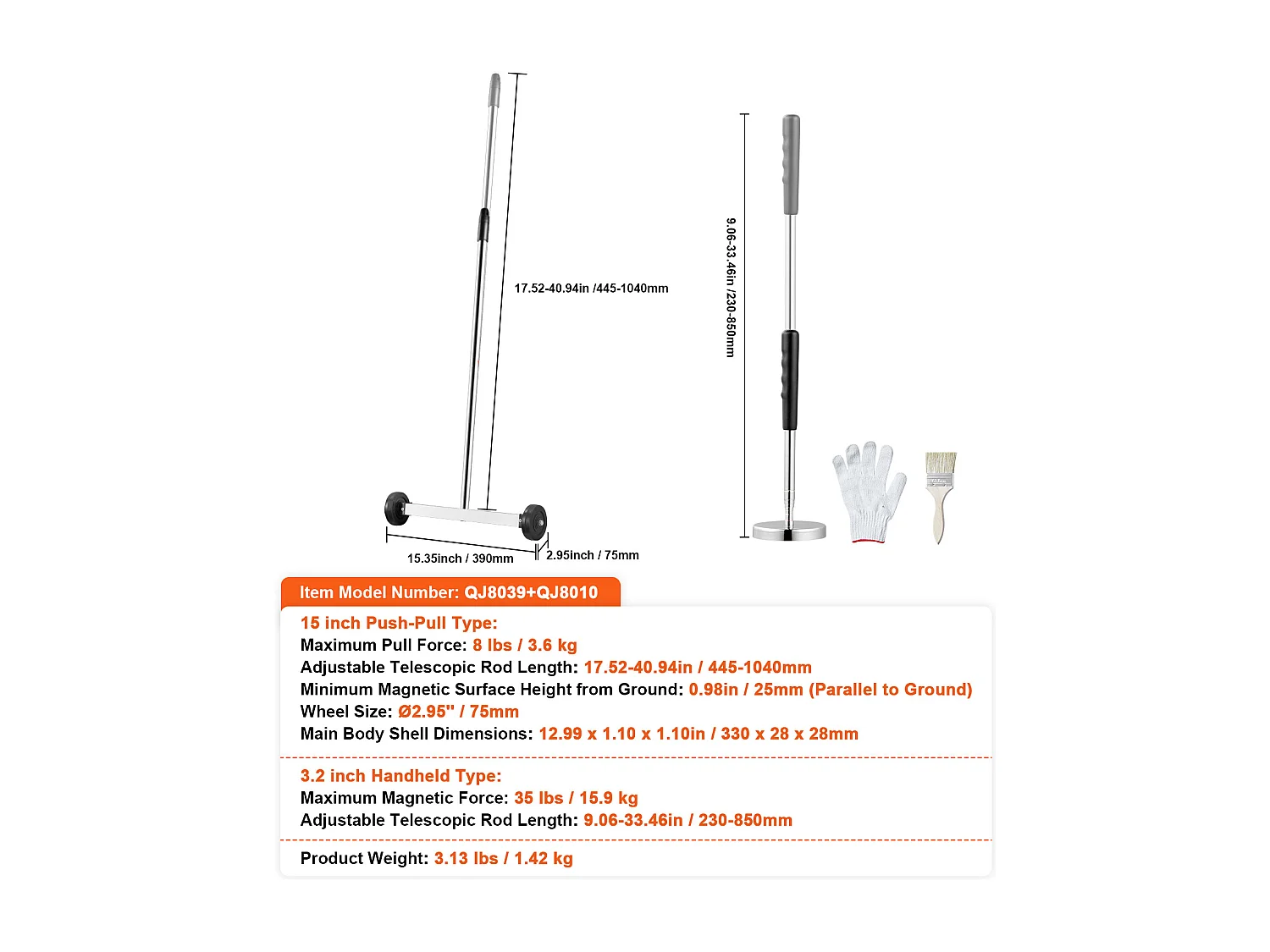 Balayeuse Magnétique, SucceBuy Balai Magnétique de 38 cm avec Roues, Outil de Ramassage Télescopique
