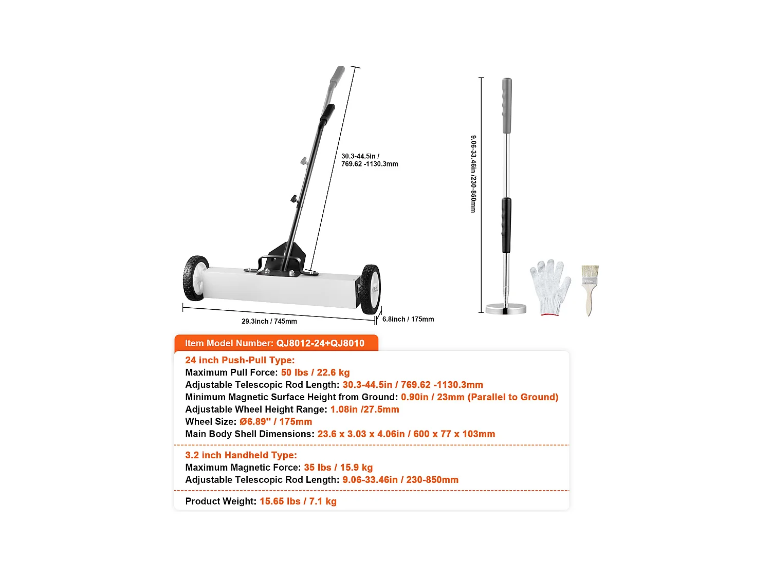 Balayeuse Magnétique, SucceBuy Balai Magnétique de 61 cm avec Roues, Outil de Ramassage Télescopique