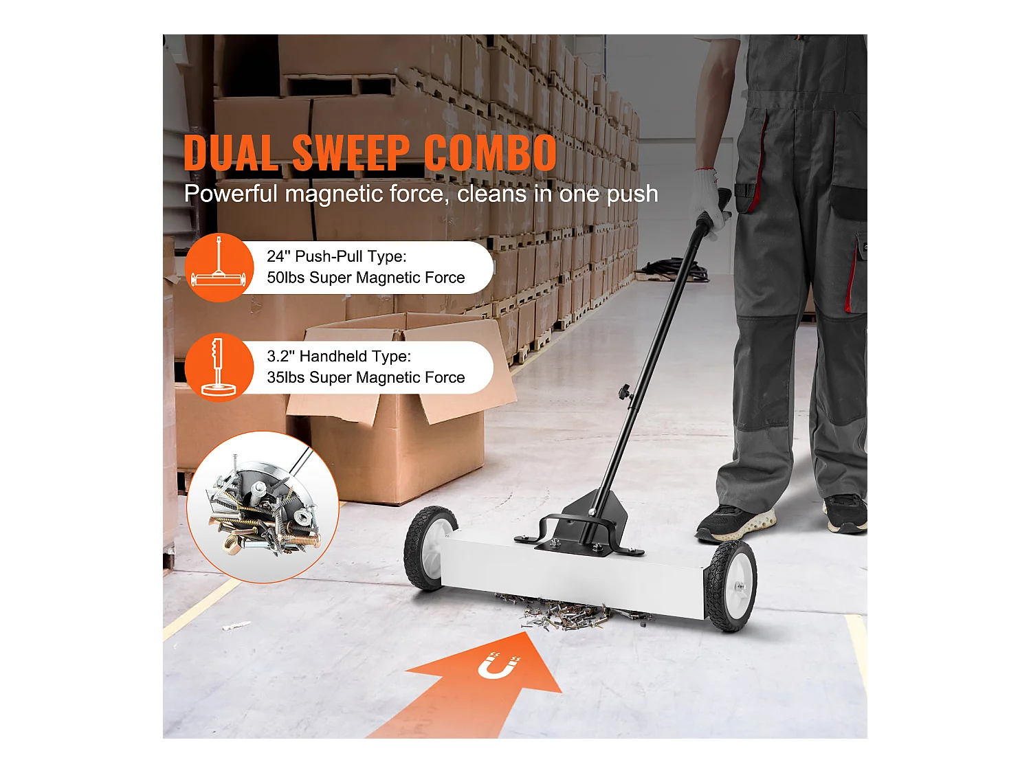 Balayeuse Magnétique, SucceBuy Balai Magnétique de 61 cm avec Roues, Outil de Ramassage Télescopique