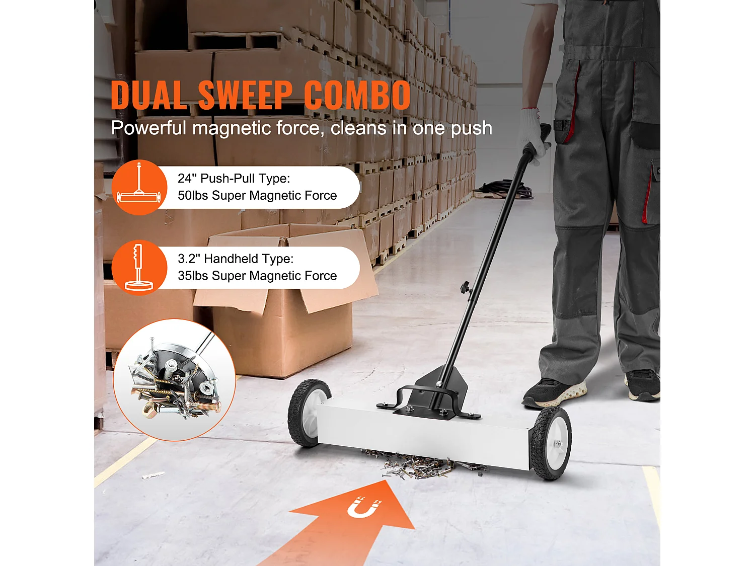 Balayeuse Magnétique, SucceBuy Balai Magnétique de 61 cm avec Roues, Outil de Ramassage Télescopique