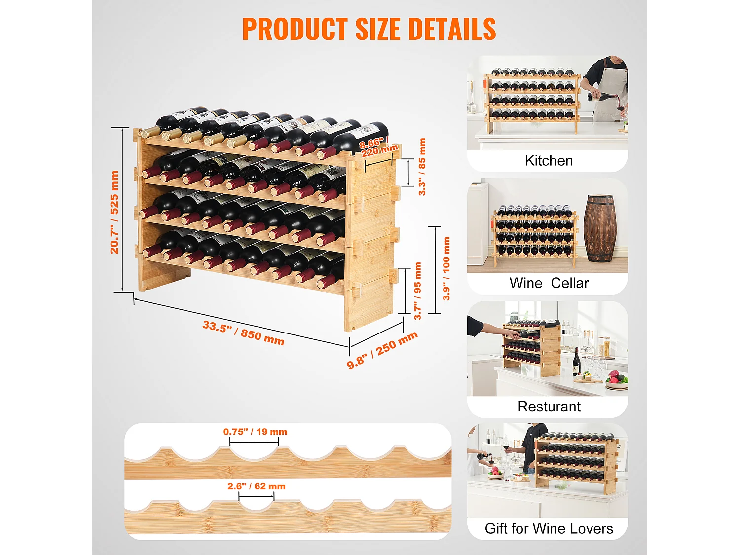 Wijnrek, SucceBuy 4-laags Stapelbaar Wijnrek voor 36 Flessen, Natuurlijk Bamboehouten Plankje