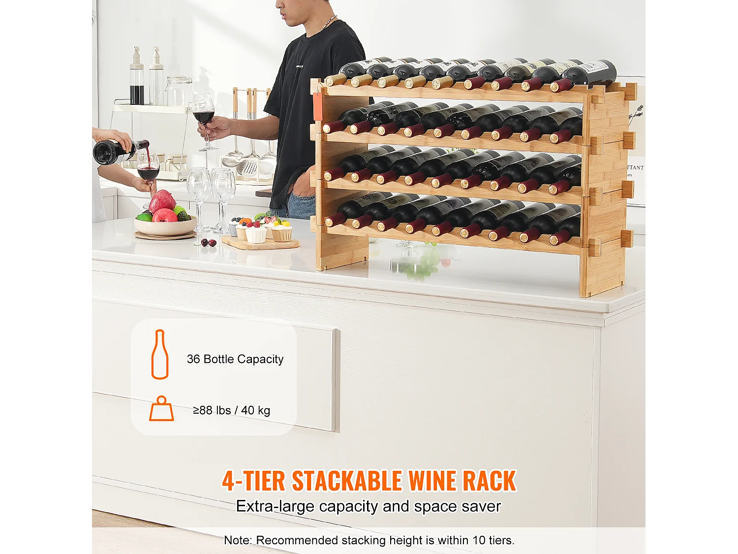 Wijnrek, SucceBuy 4-laags Stapelbaar Wijnrek voor 36 Flessen, Natuurlijk Bamboehouten Plankje
