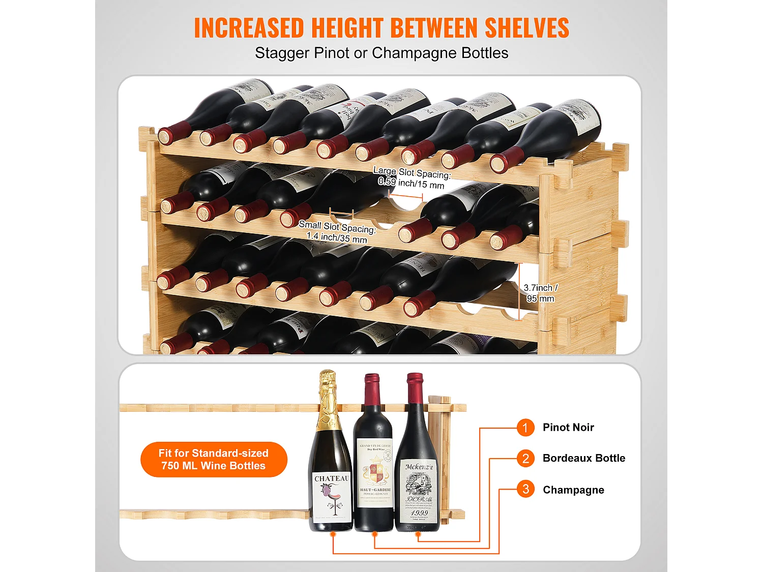 Wijnrek, SucceBuy 4-laags Stapelbaar Wijnrek voor 36 Flessen, Natuurlijk Bamboehouten Plankje