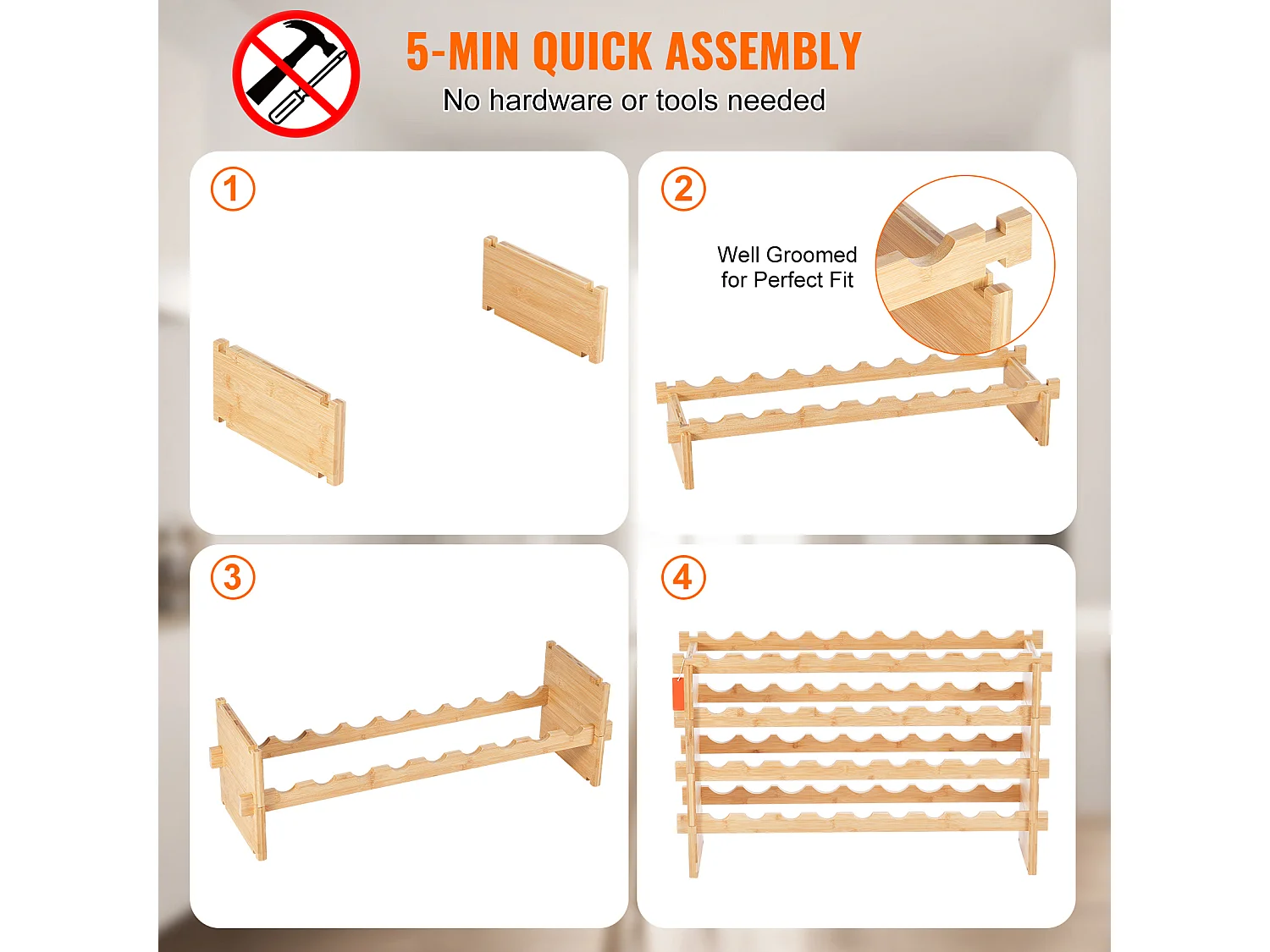 Wijnrek, SucceBuy 4-laags Stapelbaar Wijnrek voor 36 Flessen, Natuurlijk Bamboehouten Plankje