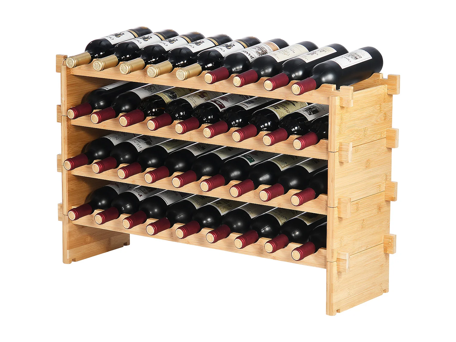 Wijnrek, SucceBuy 4-laags Stapelbaar Wijnrek voor 36 Flessen, Natuurlijk Bamboehouten Plankje