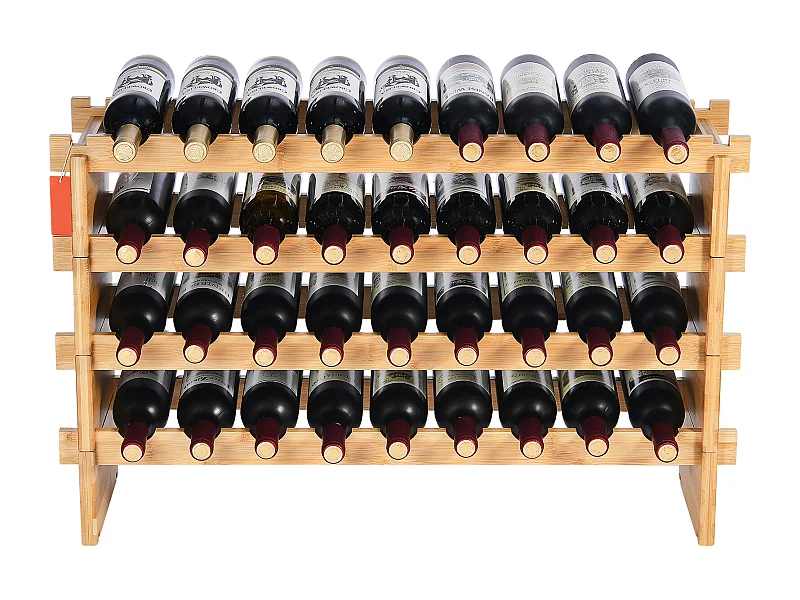 Suporte para Vinhos, SucceBuy Suporte para Vinhos Empilhável de 4 Níveis para 36 Garrafas, Prateleira de Madeira de Bambú Natural