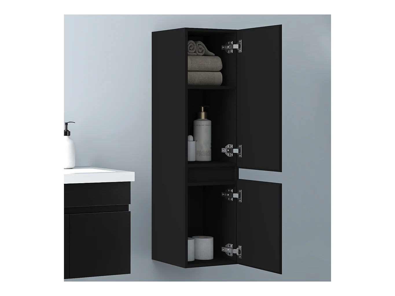 AICA Badhochschrank hängend - 2 Türen - 30 x 30 x 110 cm - Hochglanz Schwarz