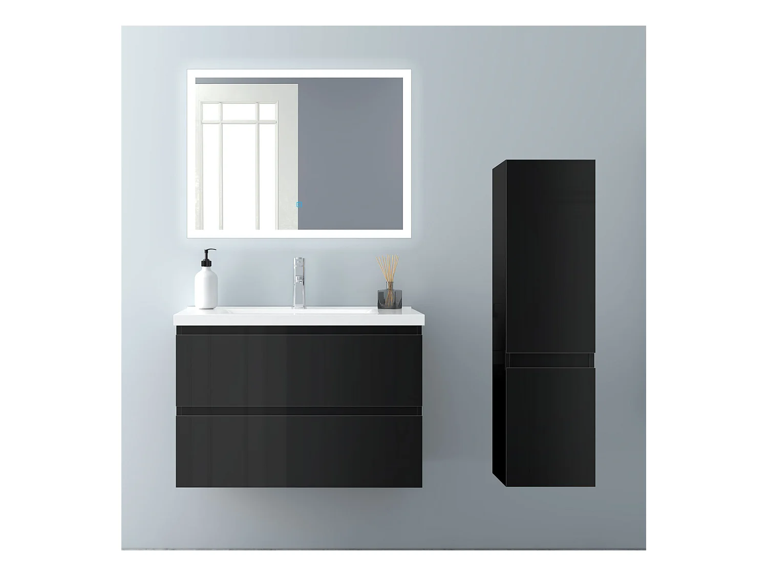 AICA Badhochschrank hängend - 2 Türen - 30 x 30 x 110 cm - Hochglanz Schwarz