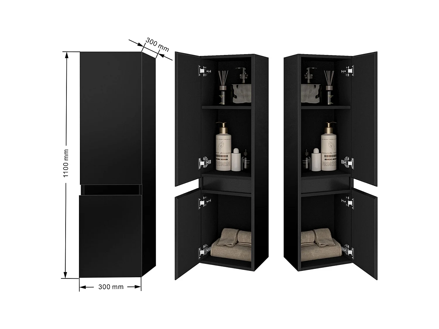 AICA Badhochschrank hängend - 2 Türen - 30 x 30 x 110 cm - Hochglanz Schwarz
