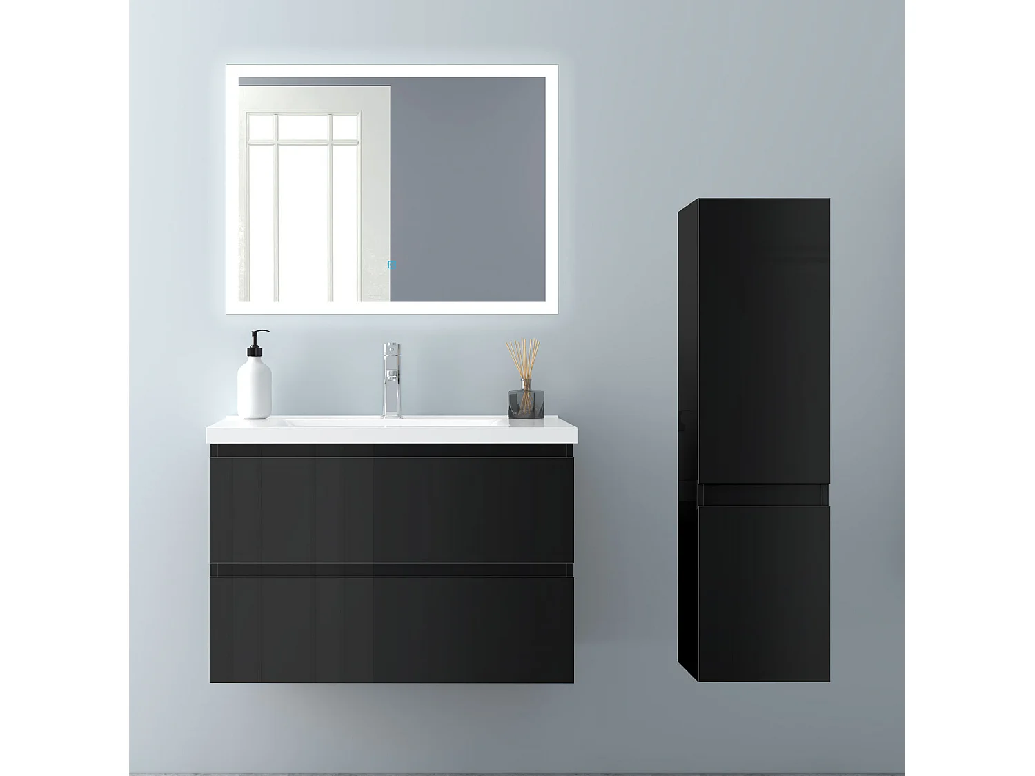 AICA Badhochschrank hängend - 2 Türen - 30 x 30 x 110 cm - Hochglanz Schwarz