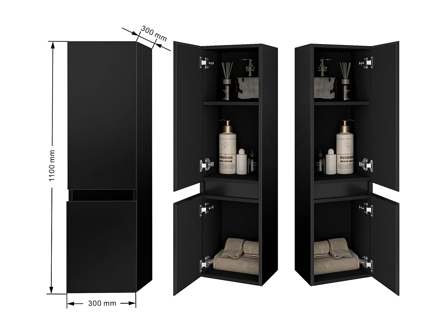 AICA Badhochschrank hängend - 2 Türen - 30 x 30 x 110 cm - Hochglanz Schwarz
