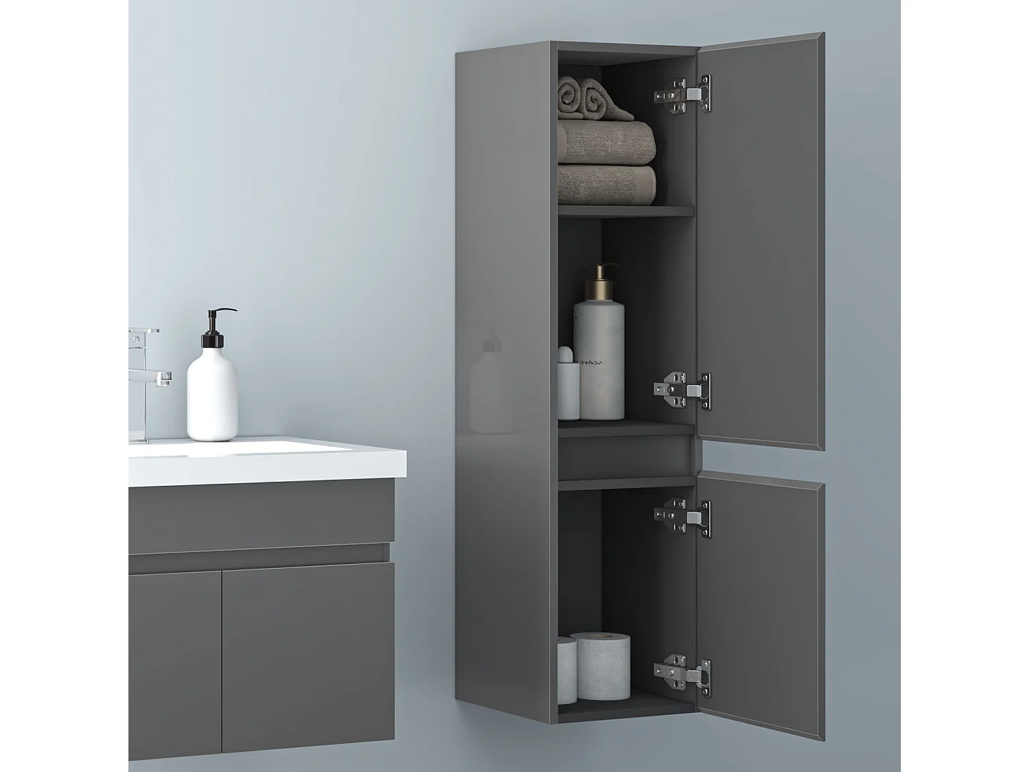 AICA Badhochschrank hängend - 2 Türen - 30 x 30 x 110 cm - Hochglanz Dunkelgrau