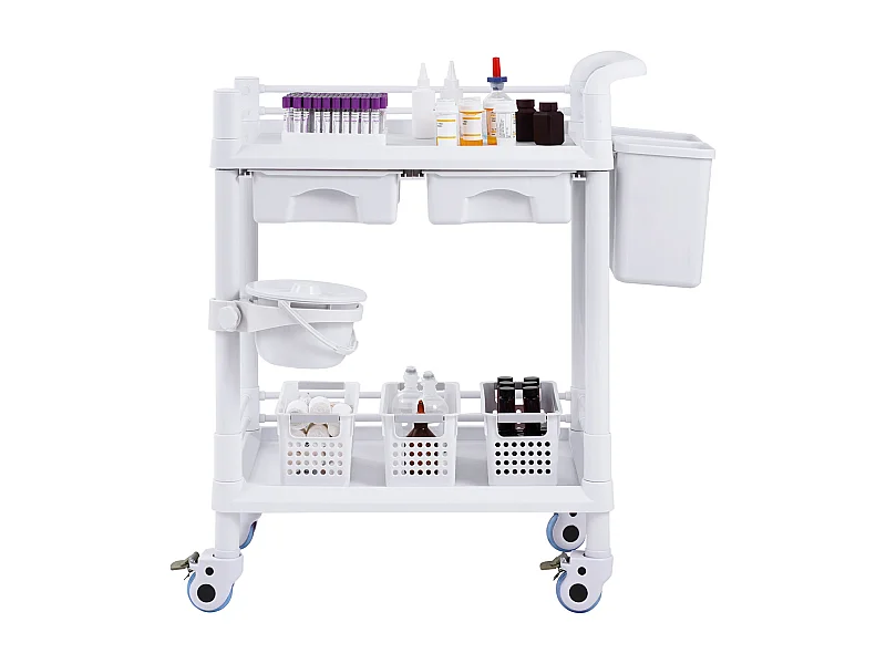 Werkzeugwagen SucceBuy Werkzeugwagen, 2-Stöckiger Laborwagen, Mobiler Medizinischer Wagen, 2 Tabletts, 2 Schubladen, 3 Behälter, Weiß