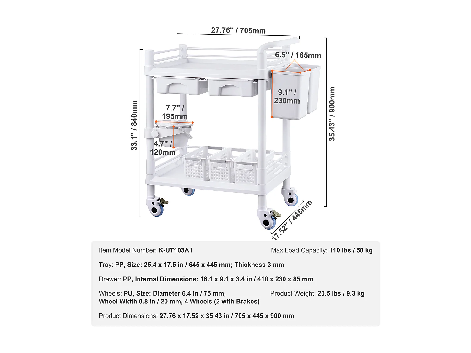 Werkzeugwagen SucceBuy Werkzeugwagen, 2-Stöckiger Laborwagen, Mobiler Medizinischer Wagen, 2 Tabletts, 2 Schubladen, 3 Behälter, Weiß