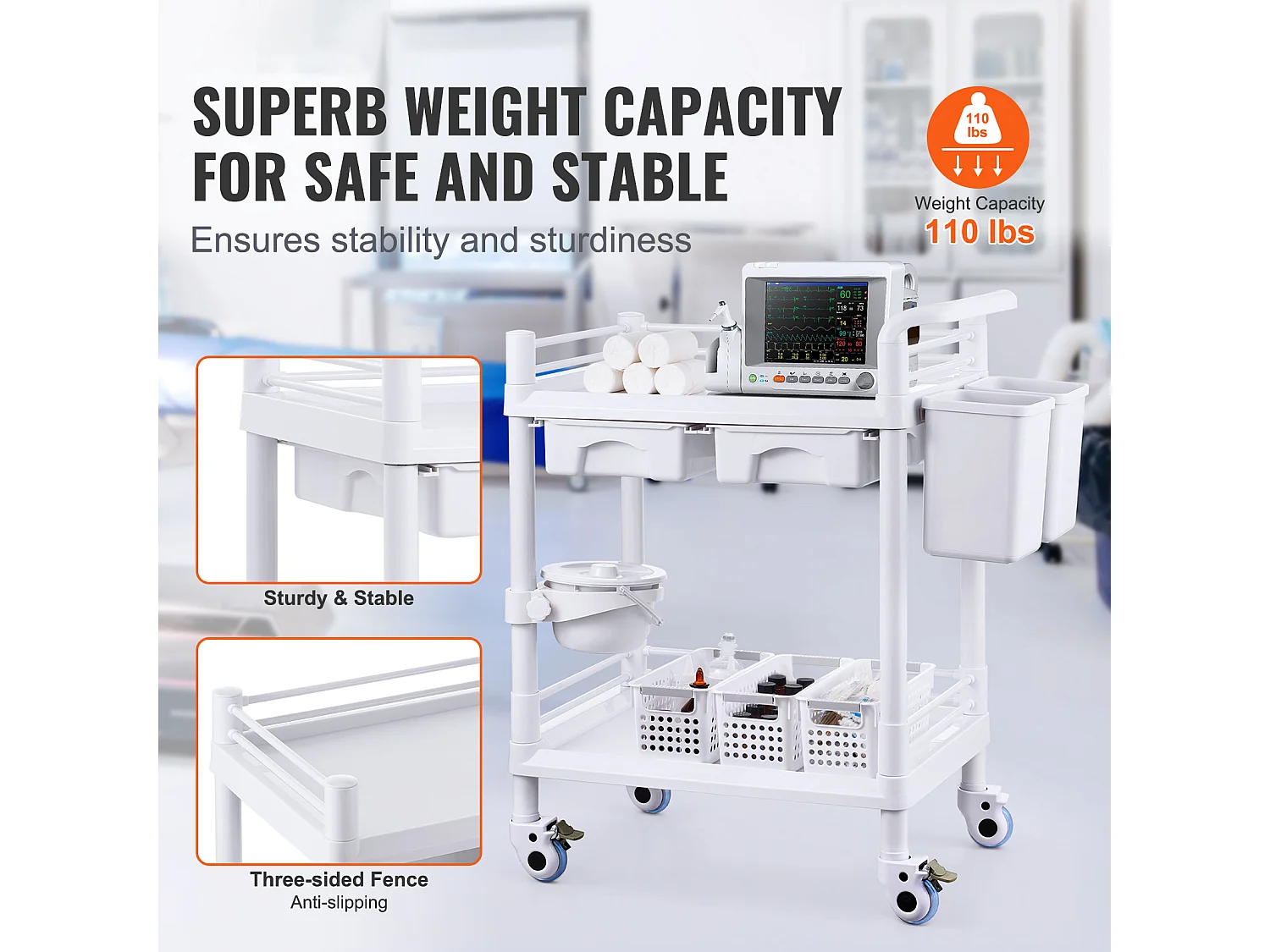 Werkzeugwagen SucceBuy Werkzeugwagen, 2-Stöckiger Laborwagen, Mobiler Medizinischer Wagen, 2 Tabletts, 2 Schubladen, 3 Behälter, Weiß