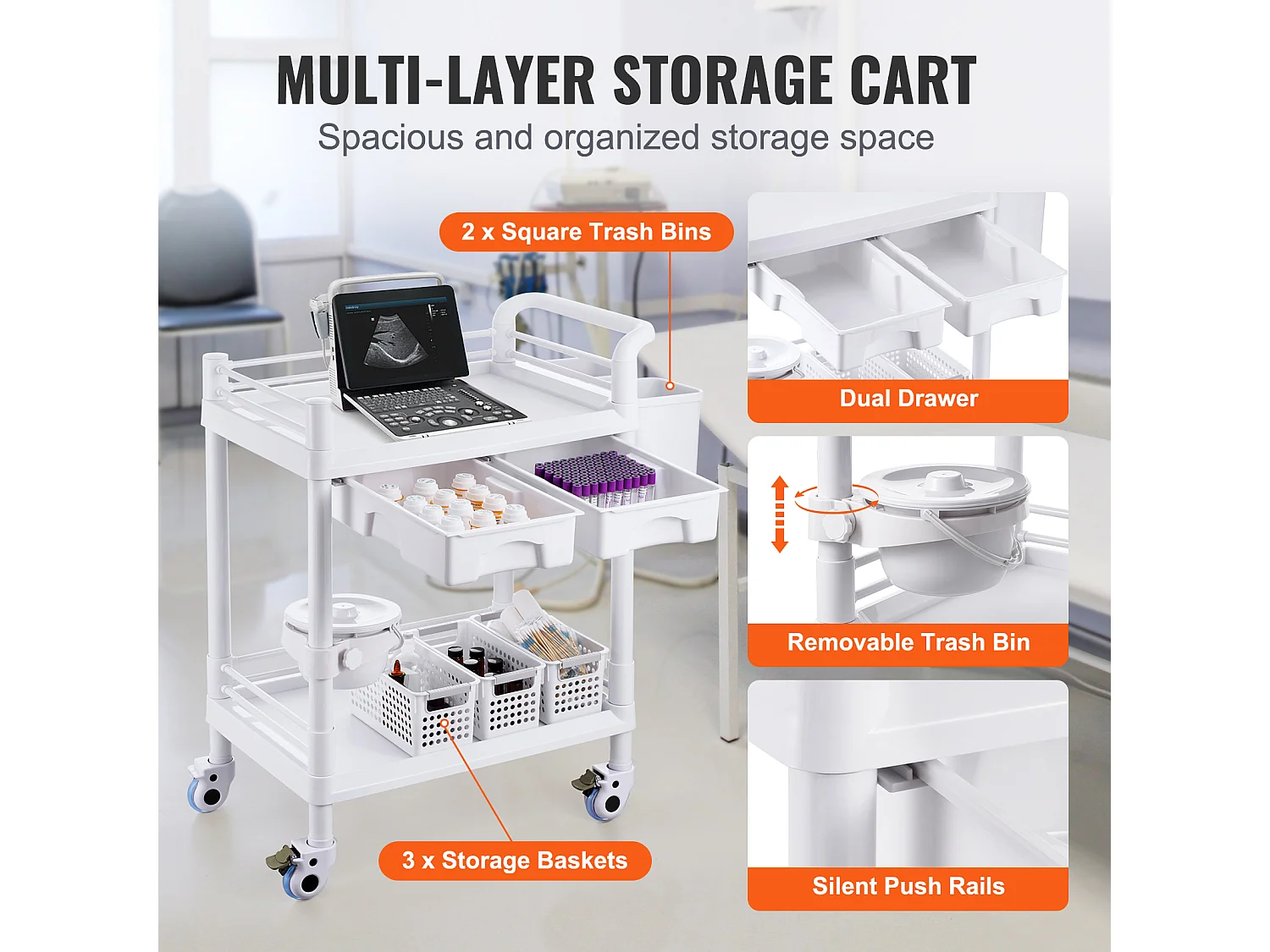 Werkzeugwagen SucceBuy Werkzeugwagen, 2-Stöckiger Laborwagen, Mobiler Medizinischer Wagen, 2 Tabletts, 2 Schubladen, 3 Behälter, Weiß