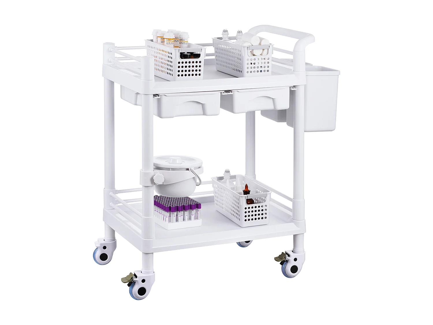 Werkzeugwagen SucceBuy Werkzeugwagen, 2-Stöckiger Laborwagen, Mobiler Medizinischer Wagen, 2 Tabletts, 2 Schubladen, 3 Behälter, Weiß