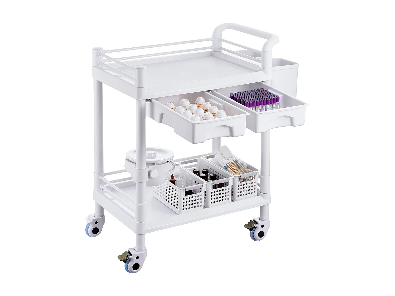 Werkzeugwagen SucceBuy Werkzeugwagen, 2-Stöckiger Laborwagen, Mobiler Medizinischer Wagen, 2 Tabletts, 2 Schubladen, 3 Behälter, Weiß
